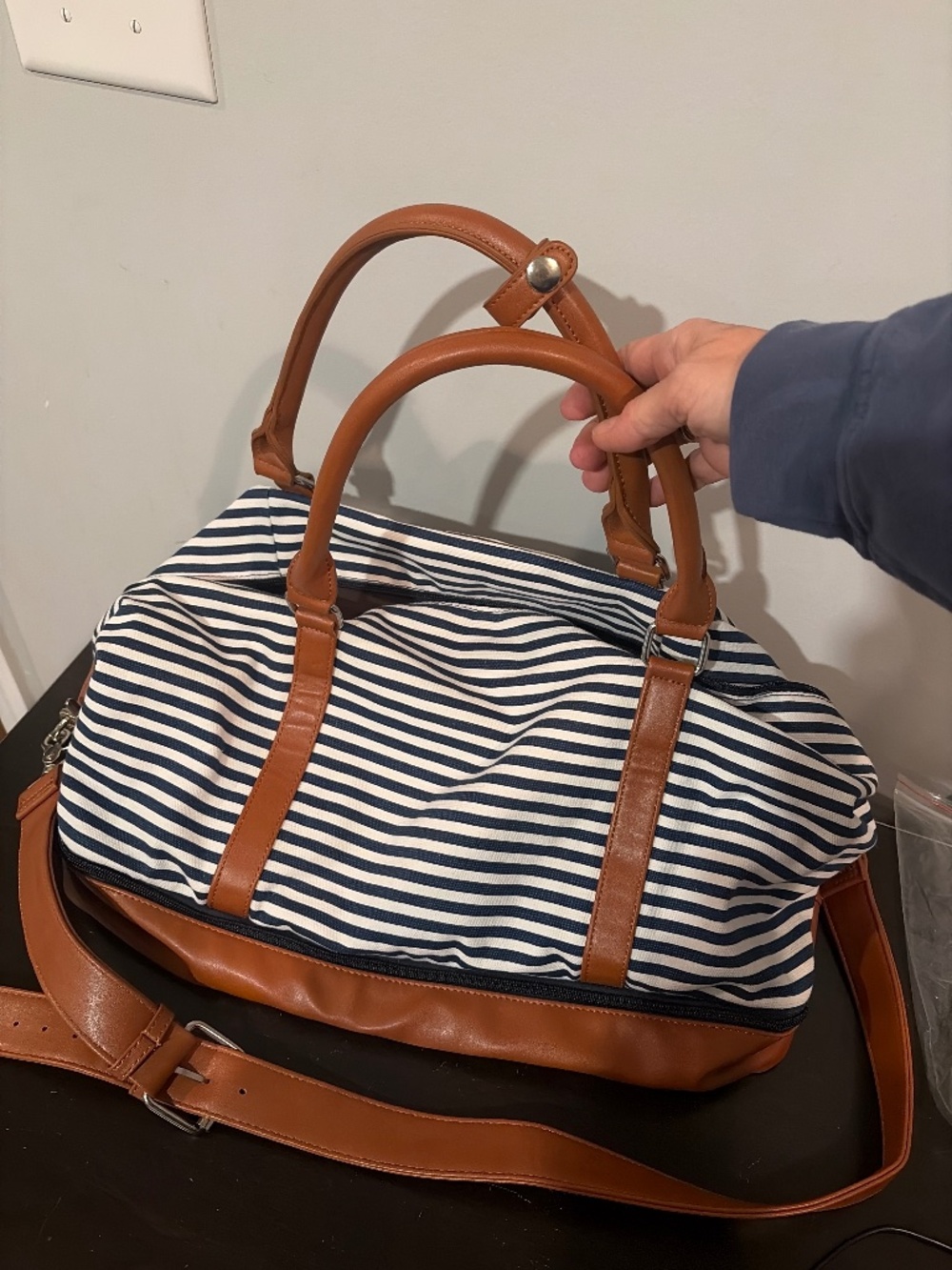 Canvas Weekender bag - like new, leather straps, separate section for shoes.
